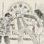 A hand-drawn storyboard by Herbert Sigüenza. The image depicts a “cholo” and a ” rocker” fighting with Jaime Escalante (in the center).