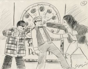 A hand-drawn storyboard by Herbert Sigüenza. The image depicts a “cholo” and a ” rocker” fighting with Jaime Escalante (in the center).