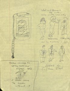 A hand drawn sketchpad with images for a skit called "Menudo."