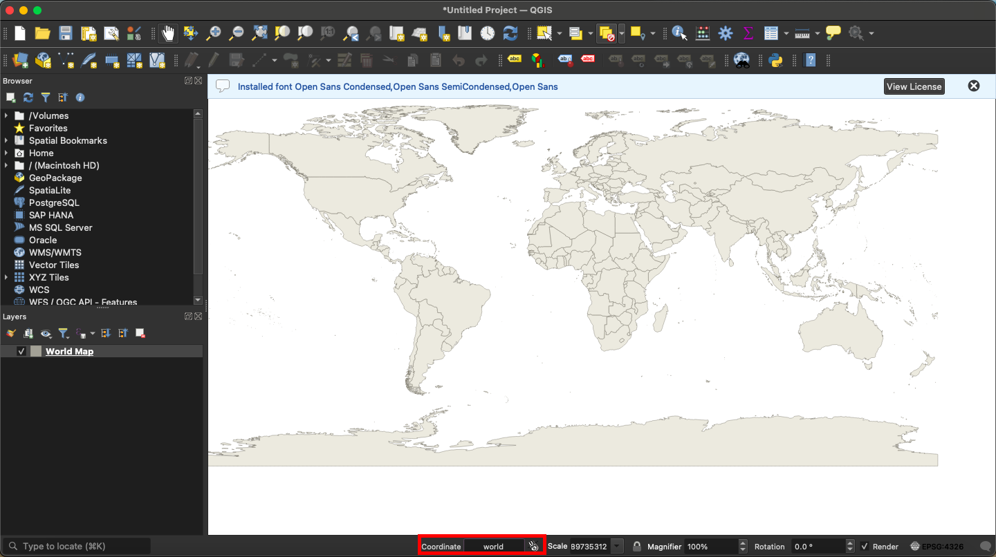 QGIS screen with world map, having typed "world" into the bottom coordinate reader 